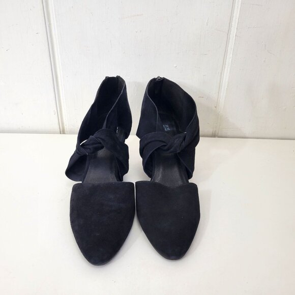 Eileen Fisher Black Suede Pointed Toe Ankle Heels With Bow Strap & Zipper Closur - Picture 2 of 8